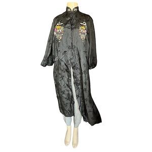 Vintage Golden Bee Silky Black Asian Cheongsam Mock Neck Embroidered Robe Size L